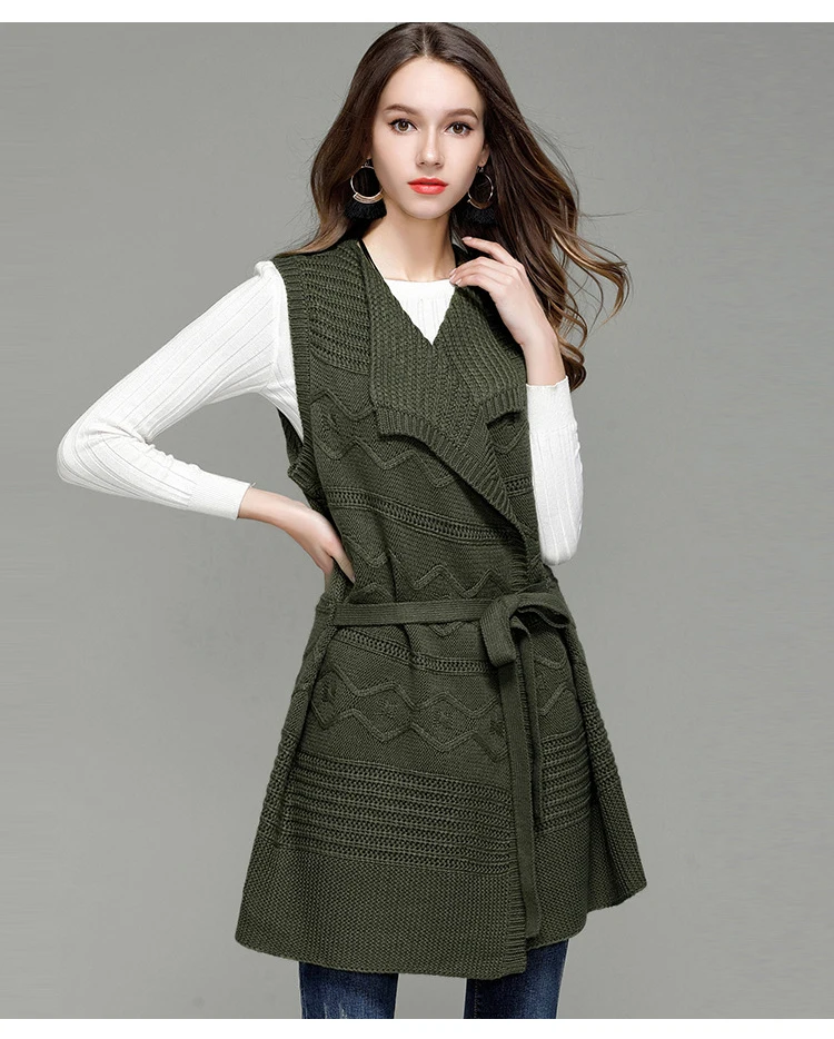 Fashion new European and American women's long paragraph lapel knit cardigan sleeveless vest sweater coat female (4)