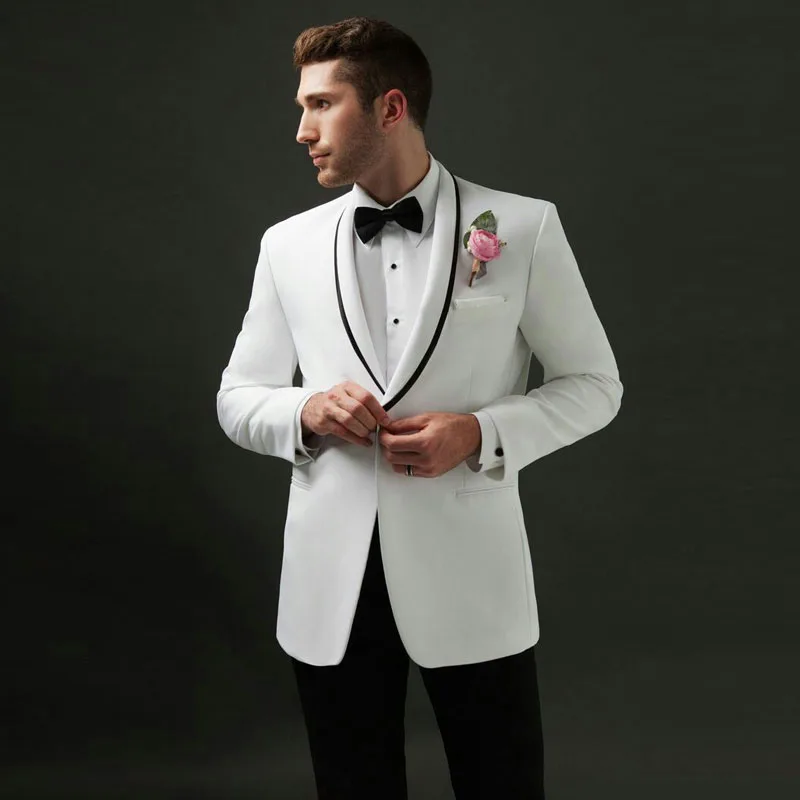 Italy White Men Suits Groom Wedding Suits Man Blazers Tuxedo Black Shawl Lapel 2Pieces Coat Pants Slim Fit Terno Masculino