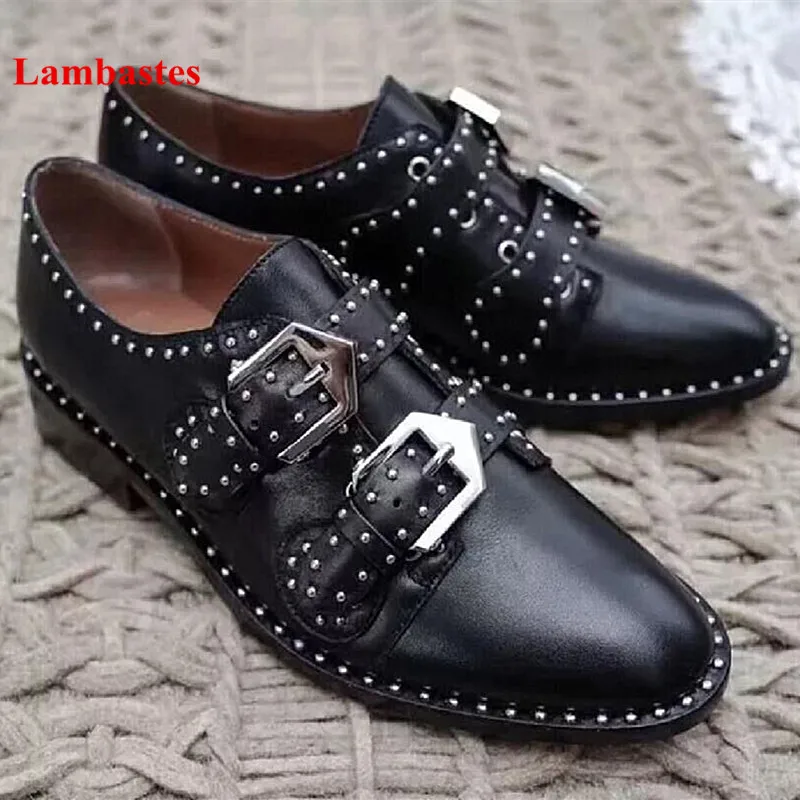 

2019 Spring Black Shoes Women Rivet Studded Buckle Strap Designer Women Pumps Punk Style Low Heel Leather Casual Shoes Mujer