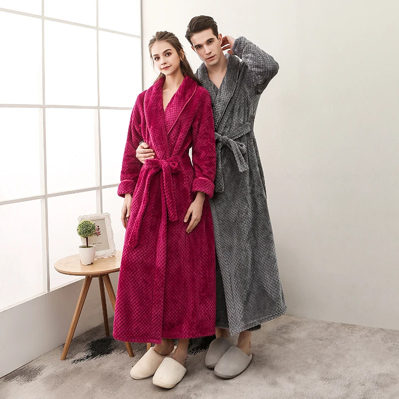 

Men Long Dressing Gown Winter Solid Flannel Robes Thick Waffle Coral Fleece Bath Robe Plus Size XXXL Couples Sleepwear for Women