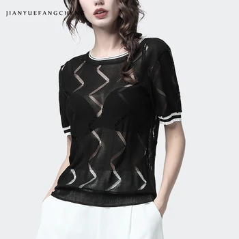 

Summer Short Sleeve Women' Pullovers Hollow Rayon Knitted Top Loose Plus Size Black Casual Sports Tops