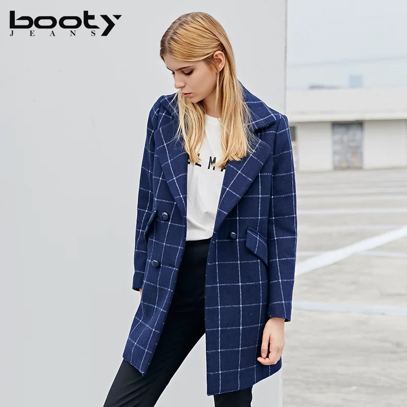 

Bootyjeans High Quality Women's plaid woolen Coat Suit Collar British Style Classic Blue Long Wool Coats Female Slim Tops