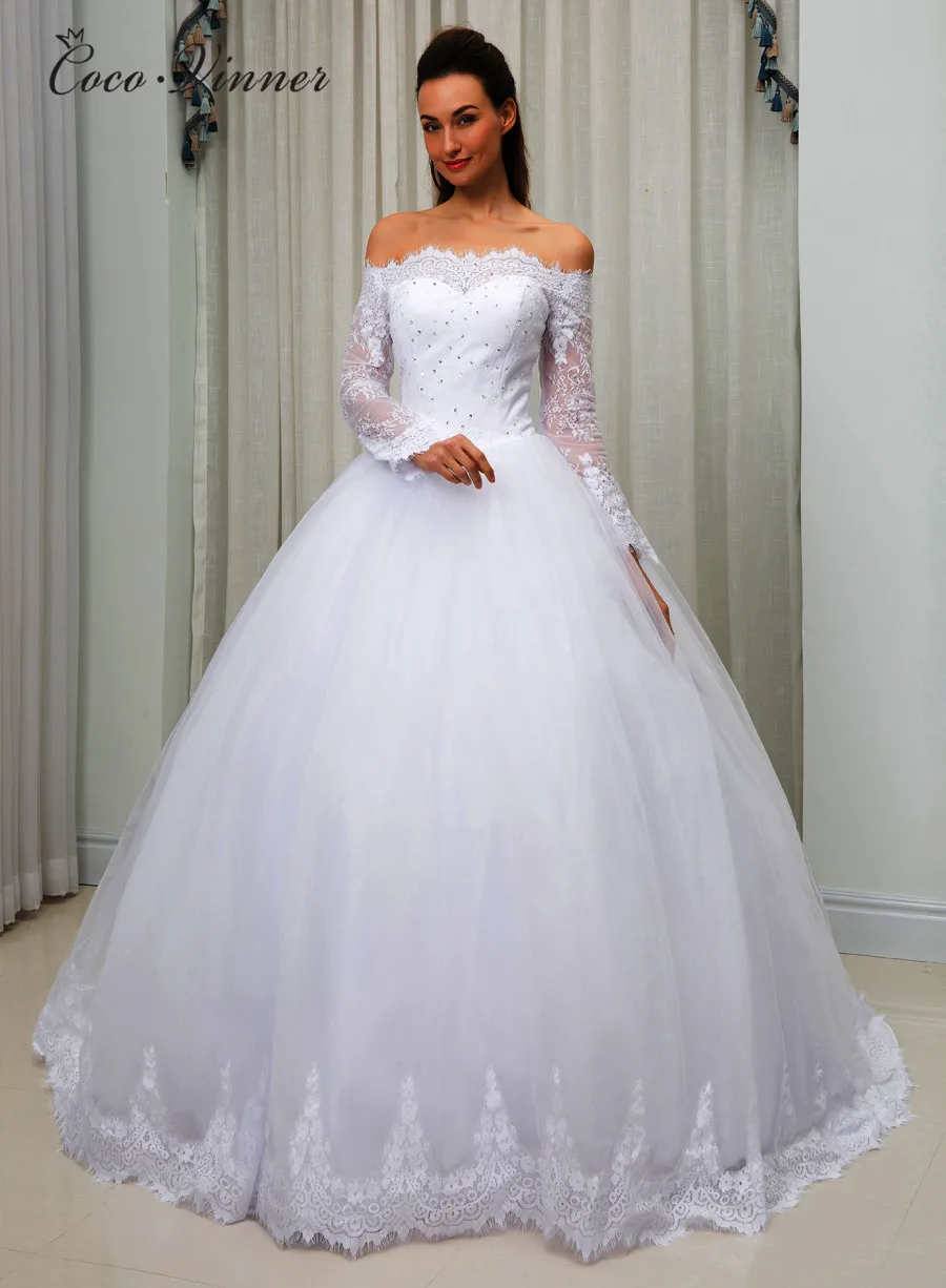Vestido De Noiva бальное платье с длинными рукавами и открытыми плечами, свадебное платье, кружевное винтажное свадебное платье W0213
