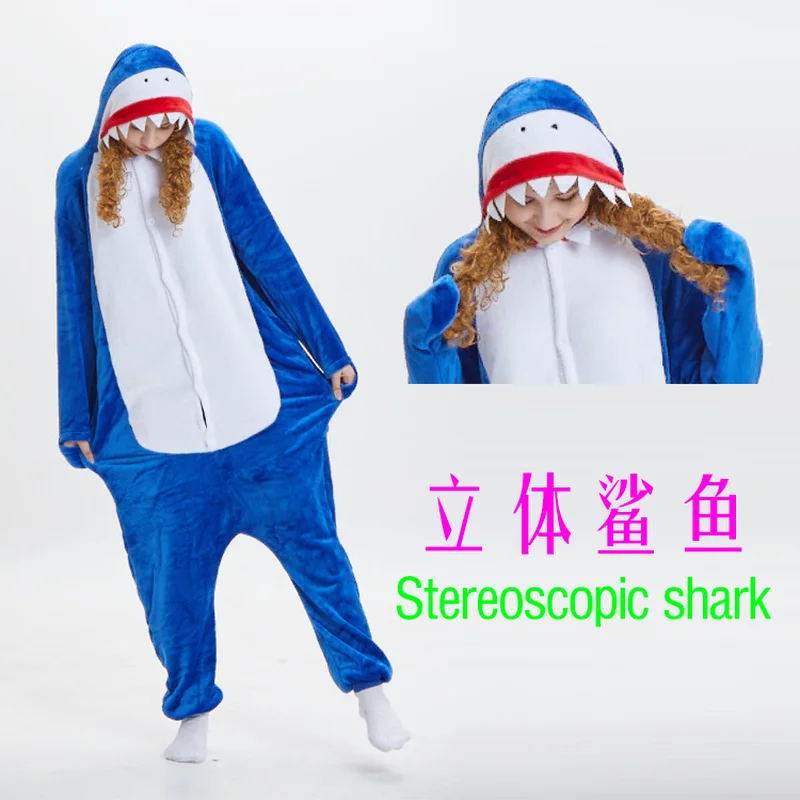 

flannel sleepwear cartoon Stereo shark pajamas adult zipper onesies for women men Costumes plus size Overall Nightie Stitch 2019