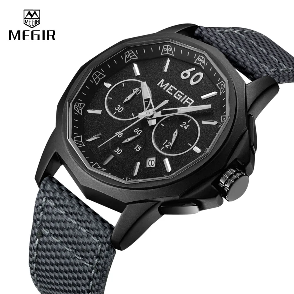 

Megir Mens Quartz Wrist Watches Casual Canvas Leather Analog Waterproof Watch Luminous Chronograph Sport Wristwatch for Man