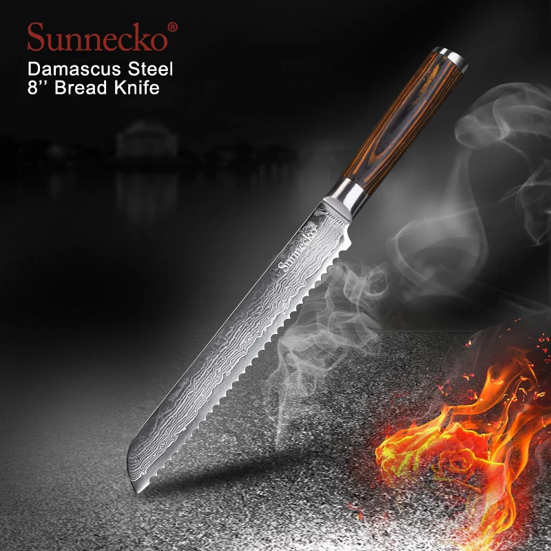 

SUNNECKO 8'' Bread Knives 73 Layers Damascus Steel Japanese VG10 Sharp Blade Kitchen Knives Pakka Wood Handle Cake Cutter Knife