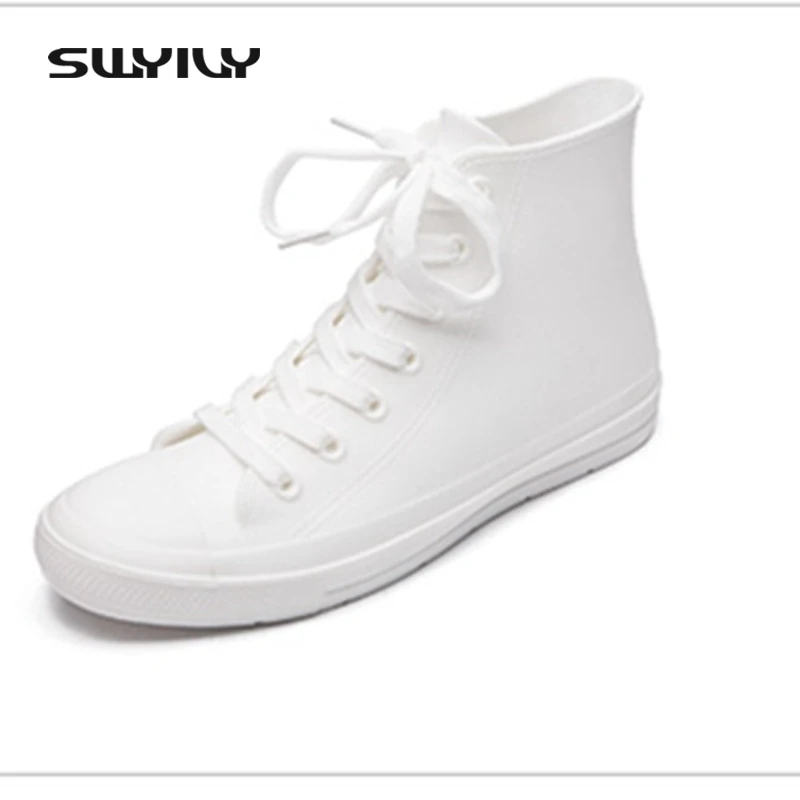 SWYIVY Women Rubber Boots High Top Female Casual Sneakers Shoes Waterproof Rain Boots White Lace Up Flat Woman Rainboots Water