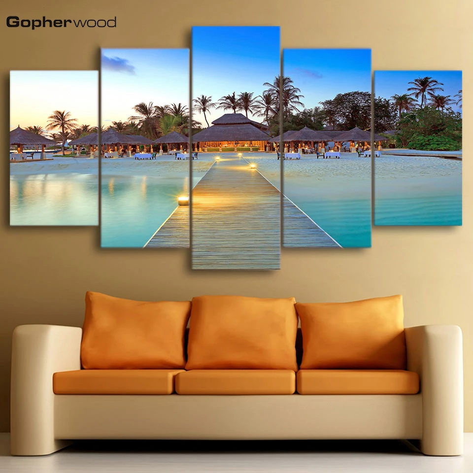 

Decor Home Living Room Frame 5 Pieces Sea Bridge Palm Trees House Seascape Pictures HD Printed Modular Canvas Paintings Wall Art