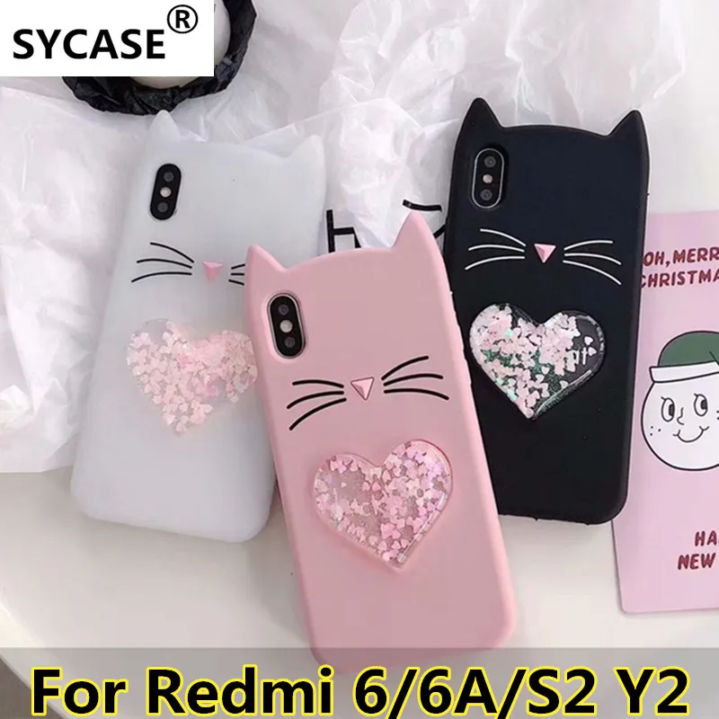 

SYCASE Animal Beard Glitter Cat Ear Phone Case For Redmi 6 6A S2 Y2 case Soft Silicone Case Liquid heart quicksand cover