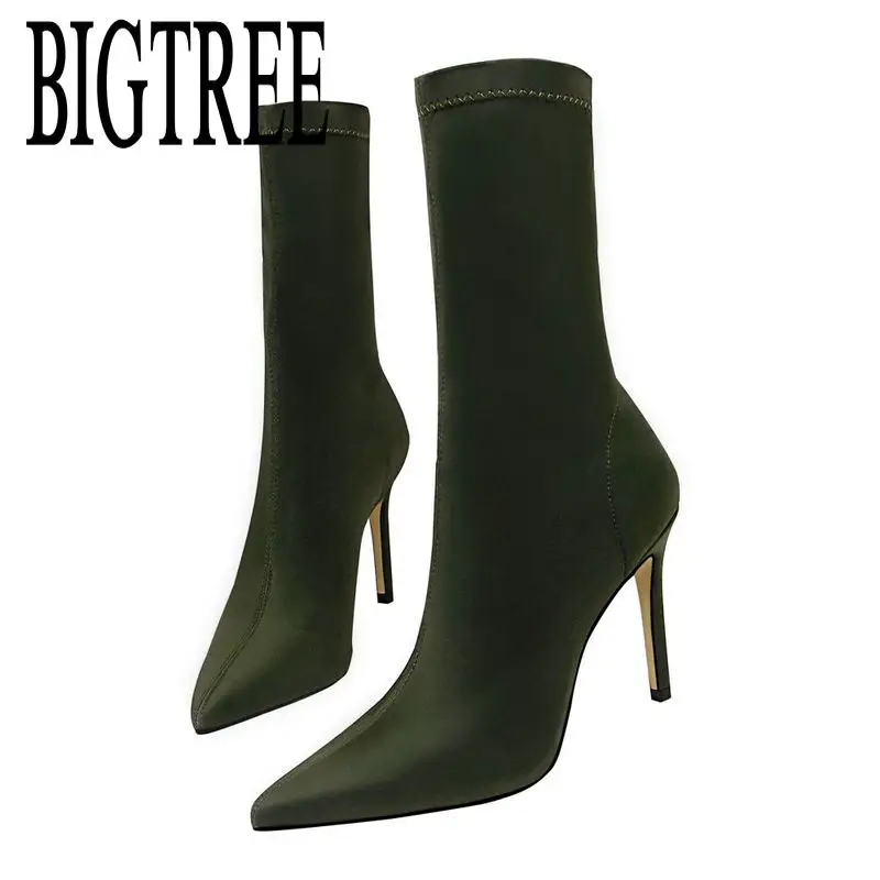 BIGTREE/ г., новые осенние женские ботинки эластичные ботильоны с острым носком обувь на высоком толстом каблуке женские носки