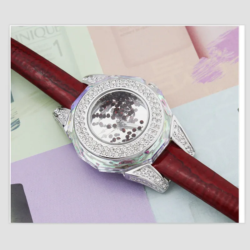 Beste Melissa Merk Luxe Rhinestone Frame Vrouwen Jurk Sieraden Horloges Mooie Moving Crystal Sands Quartz Horloge Dunne Lederen Montre