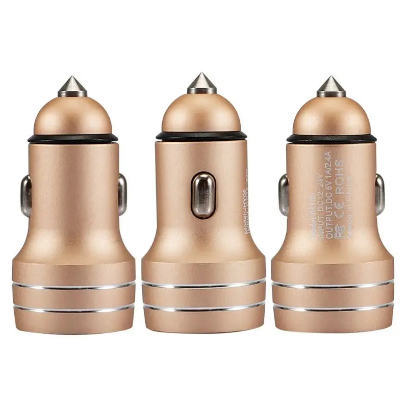

1pcs Metal Dual USB Car Charger Smartphone Fast Charging Device with Blue LED Light Adapter Safety Hammer JHY-005 1A/2.4A