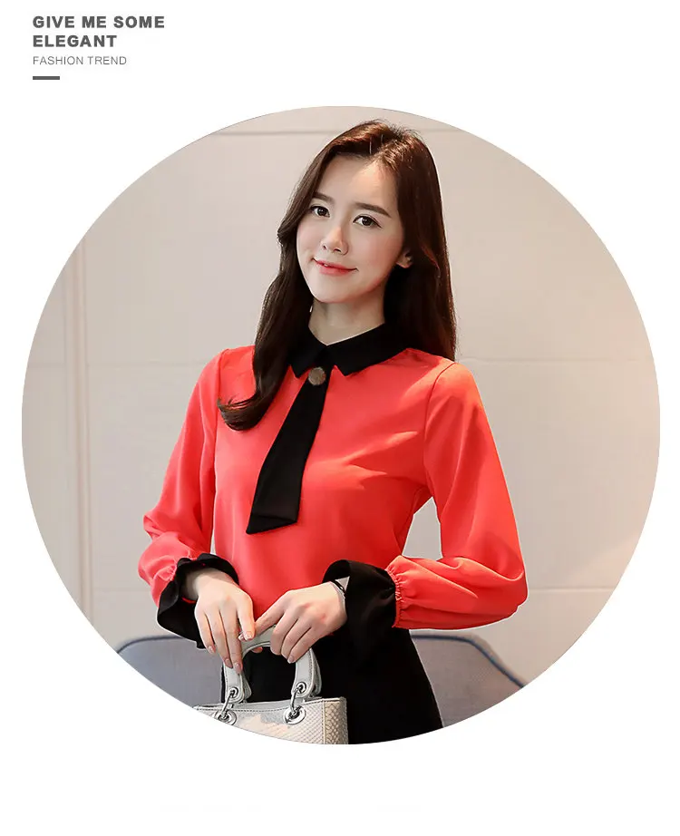 Women Blouses New 2019 Casual Autumn Shirt Elegant Bow Long Sleeve Tops Patchwork Chiffon Blusas Mujer OL Office Blouse (5)