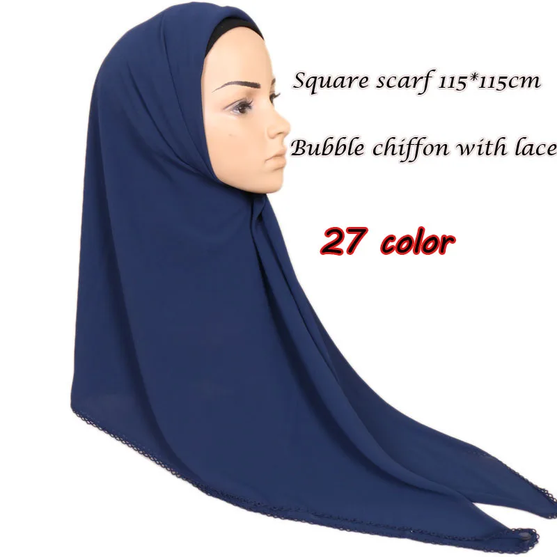 115*115cm Square Scarf Bubble Chiffon With Lace Hijab Shawls Headband Head Wraps Fashion Muslim Pashmina Scarves 1PC Retail |