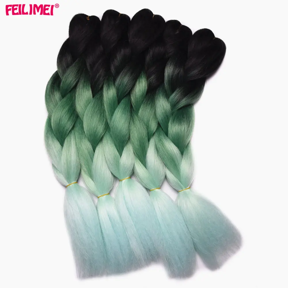 Feilimei, Омбре, зеленый цвет, вязанные крючком волосы для наращивания, синтетические вязанные косички, Омбре, огромные косички, наращивание волос