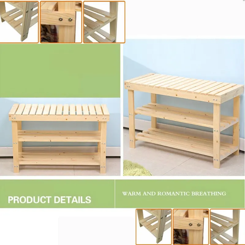 

60CM Solid Pine Wood Color Three Levels Shoes Rack Shoe Shelf Storage Footstool Bench Green Safe Without Painting