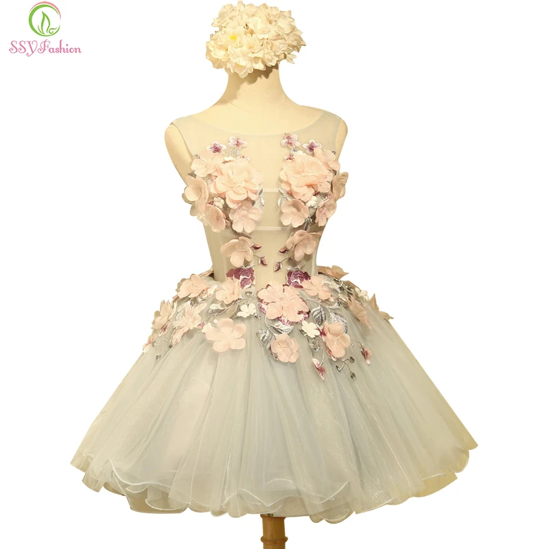 

SSYFashion New Arrvial Sweet Flower Cocktail Dress Bride Banquet Sweet Organza Sleeveless Appliques Mini Party Ball Gown Custom