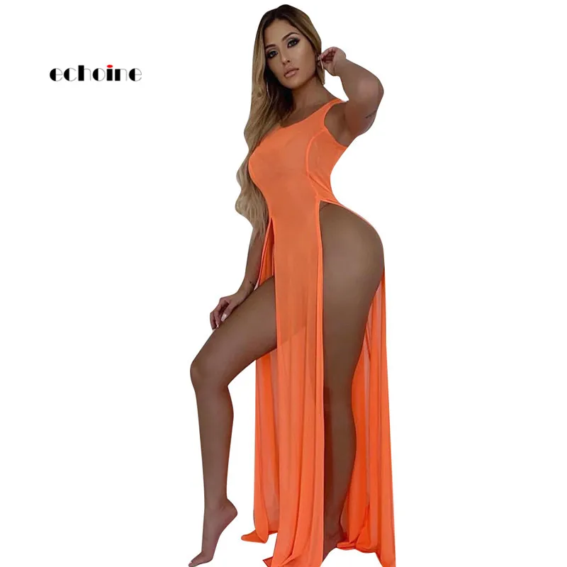 

Echoine Women Dress Fit And Flare Sexy Sleeveless See Through High Split Both Sides Ankle-Length Fancy Female Holiday Streetwear