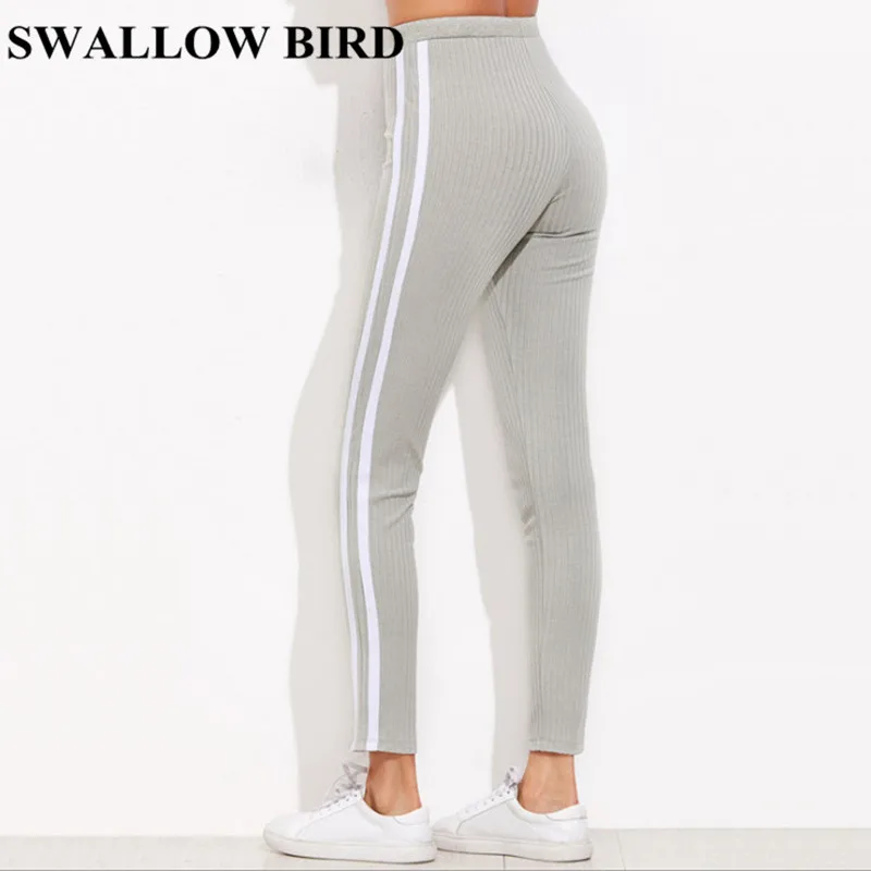 2018 New Striped Workout Casual Pants Women Grey High Waist Skinny Lace-up Leggings Knit Sweatpants Sexy Elastic Trousers Femme 2018 New Striped Workout Casual Pants Women Grey High Waist Skinny Lace-up Leggings Knit Sweatpants Sexy Elastic Trousers Femme