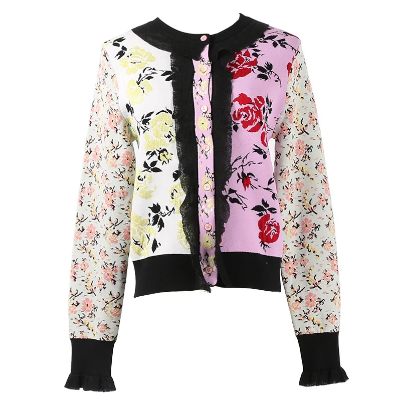 

High Quality European Sweater 2018 Autumn New Temperament Flower Rose Embroidery Collar Lace Sculpture Long Sleeve Cardigan S-L