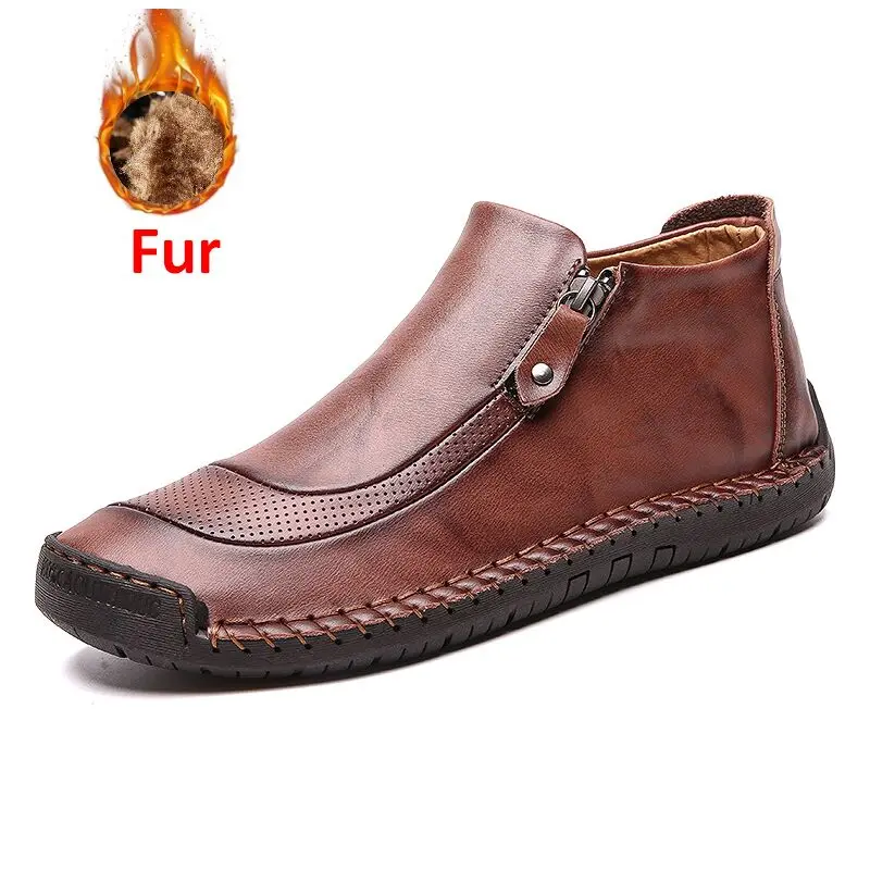 ZUNYU/удобные мужские Ботильоны качественная обувь из спилка мужские зимние Ботинки Зимняя обувь теплые мужские ботинки на меху размер 48 - Цвет: DARK BROWN Fur 01