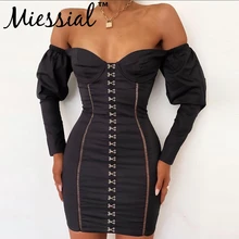 Miessial, сексуальное черное облегающее платье с открытыми плечами, для женщин, Осень-зима, элегантное мини-платье, вечерние, Клубное, с длинным рукавом-фонариком