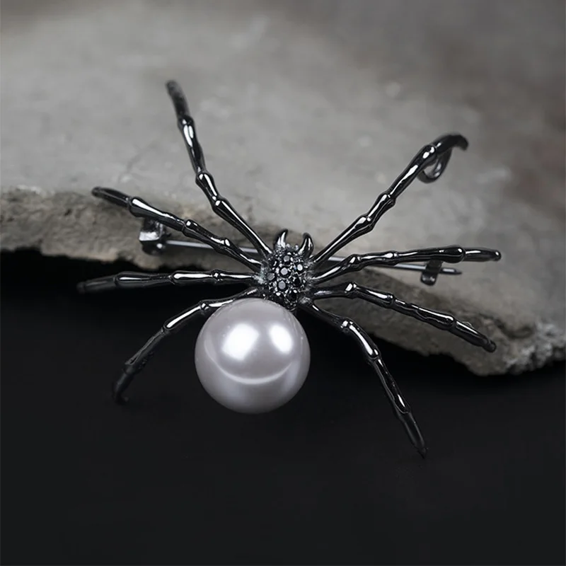 Брошь в виде черного паука с пресноводным жемчугом 14 мм|brooch 925|brooches blackbrooch with pearl |