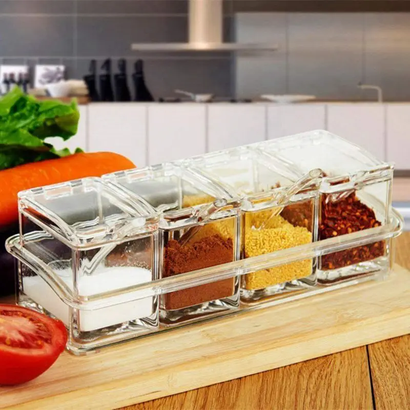 Кухонная Изысканная акриловая коробочка для приправ с 4 сервировочными ложками, хороший дизайн для кухни(коробка для приправ