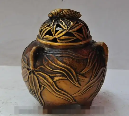 

S5418 6"Chinese Bronze Bamboo Pole Leaf Fly Cicada Statue Box Incense Burner Censer discount 30% (C0324)