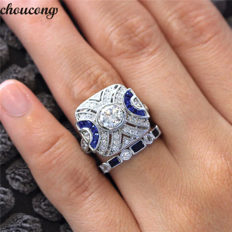 choucong Vintage Promise ring set Blue AAAAA Zircon Cz 925 sterling silver Anniversary Wedding Band Rings for women men Jewelry