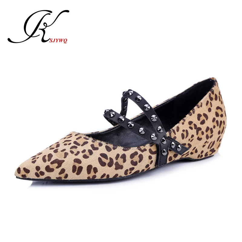 KSJYWQ 2017 Leopard's Women flats Increased 2.5 cm Genuine leather pointed-toe shoes on rivets oxford shoes Box Packing MD345