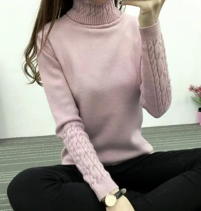Толстый теплый женский свитер с высоким воротом осень зима вязаный женский свитер и пуловер женский трико джемпер Pull Femme пуловер - Цвет: Розовый