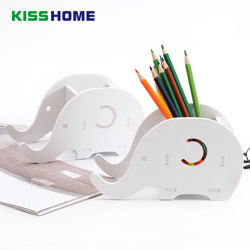 

White Creative Ctue Elephant Shaped Table Holder Multi-function Wooden Removable Cosmetic Sudries Storage Box with Phone Holder