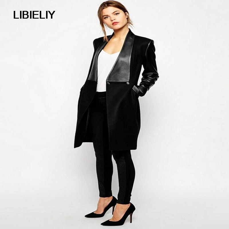 

European New Fashion Women Winter Coat Elegant v-neck Splicing Long Sleeve Cloth Leather Coat