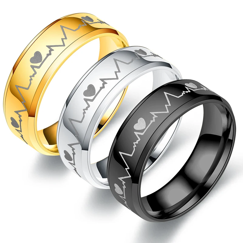 

Fashion ECG Stainless Steel Mirror Rings For Men & Women HeartBeat Creative Mood Couple Rings Gifts Gold Silver Black Accessory