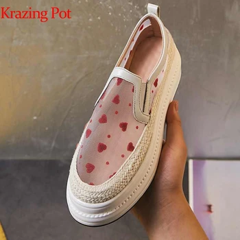 

Krazing Pot 2019 genuine leather air mesh embroidery slip on love prints round toe sneaker wedges female vulcanized shoes L29