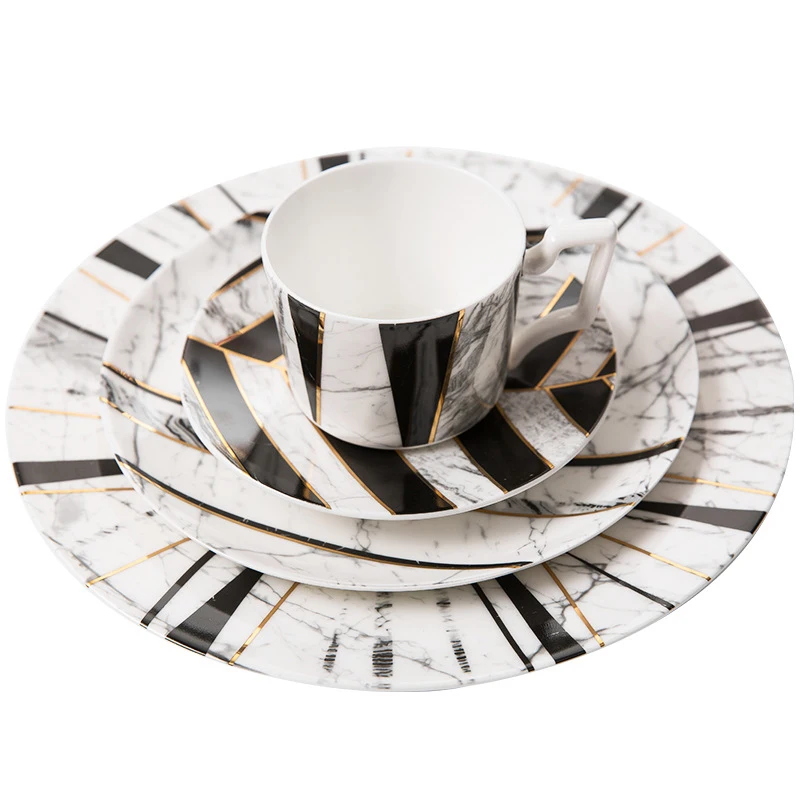 

Wourmth European 4 pcs Marble Ceramic Round Dinner Plate set Bone China Coffee Cup Steak Dessert Porcelain Dishes Dinnerware set