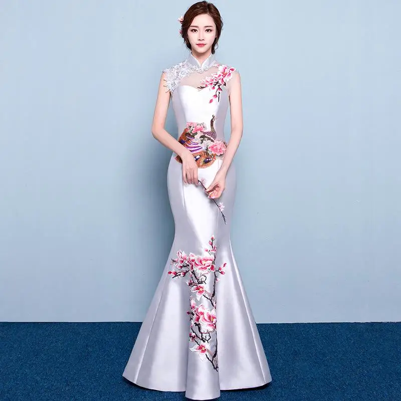Модная Свадебная вечеринка чонсам, Восточный стиль вечернее платье в китайском стиле Стиль женские элегантные Qipao сексуальная юбка с высокой талией с цветочным принтом; Vestido S-3XL - Цвет: Silver Gray