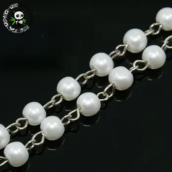 

6mm Handmade Glass Pearl Beads Chains with Iron Eyepins Metal White Necklaces Bracelets Earring Making About 39.3" 1m/strand