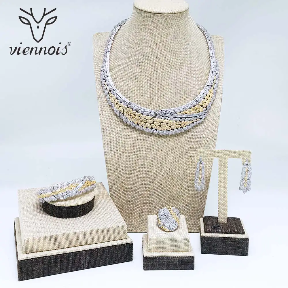 Viennois, серебряное и золотое ожерелье, набор для женщин, кубический цирконий, висячие серьги, кольцо, браслет, набор, вечерние, свадебные ювелирные изделия