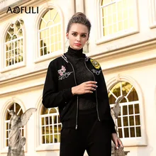 AOFULI L-3XL 4XL 5XL Плюс Размер Женская куртка с длинными рукавами и круглым вырезом на молнии с вышитыми буквами черные куртки короткое пальто