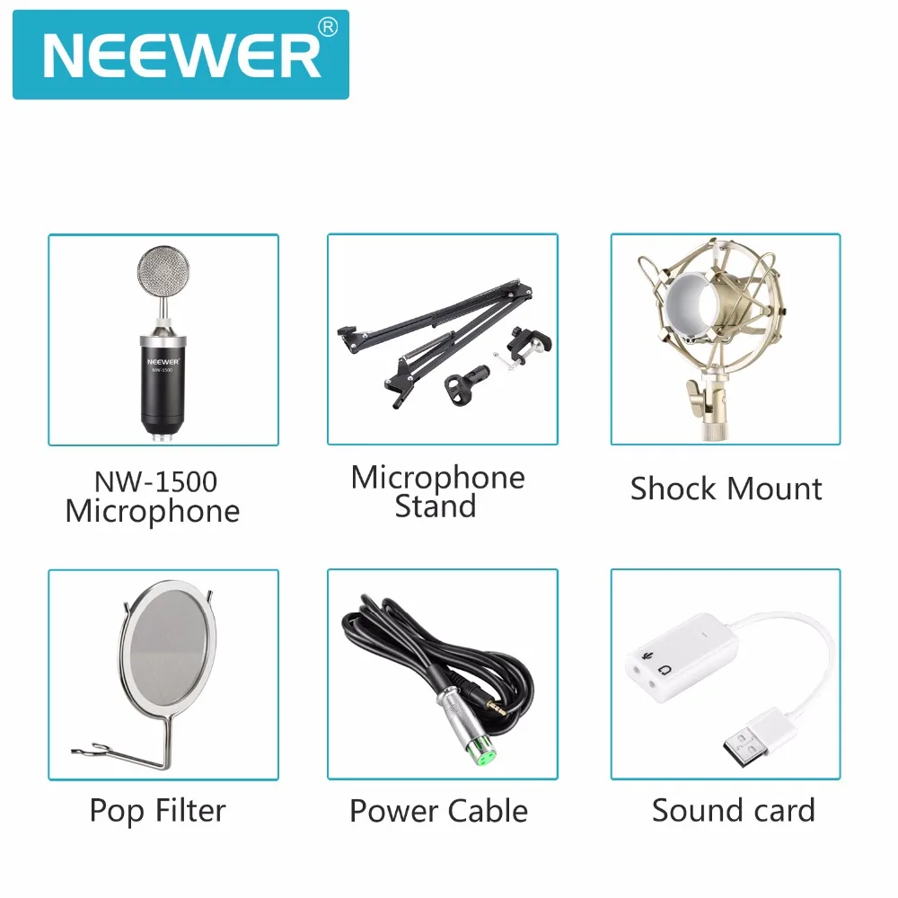 

Neewer NW-1500 Professional Studio Condenser Microphone Kit with USB Sound Card Shock Mount Mic Suspension Scissor Arm Stand