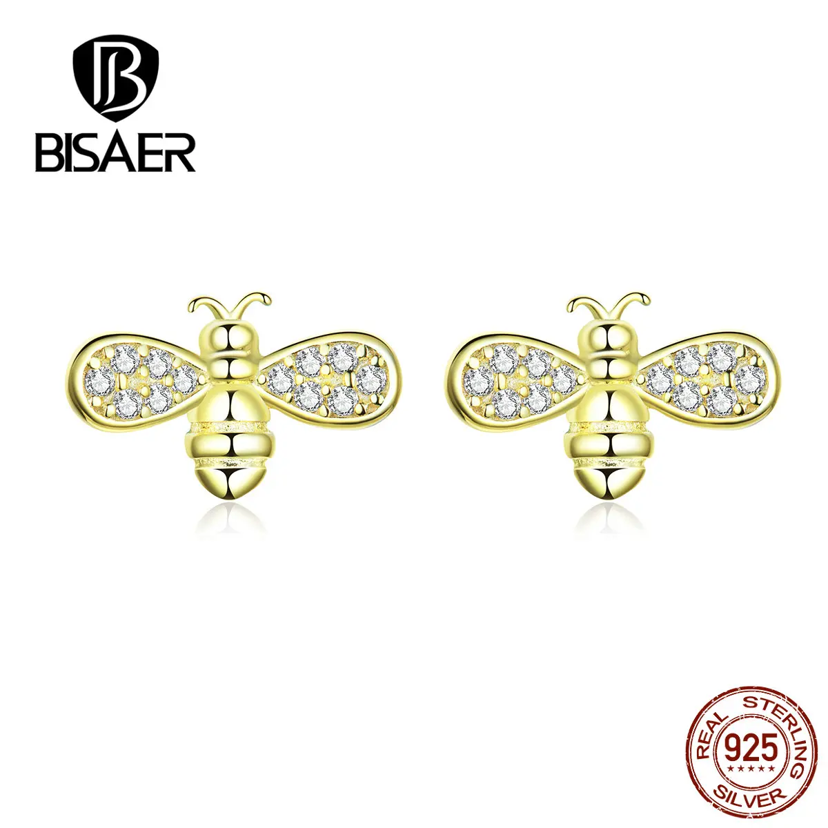 

BISAER Bee Earrings 925 Sterling Silver Insect Bee Shape Stud Earrings for Women Cubic Zircon Sterling Silver Jewelry ECE669