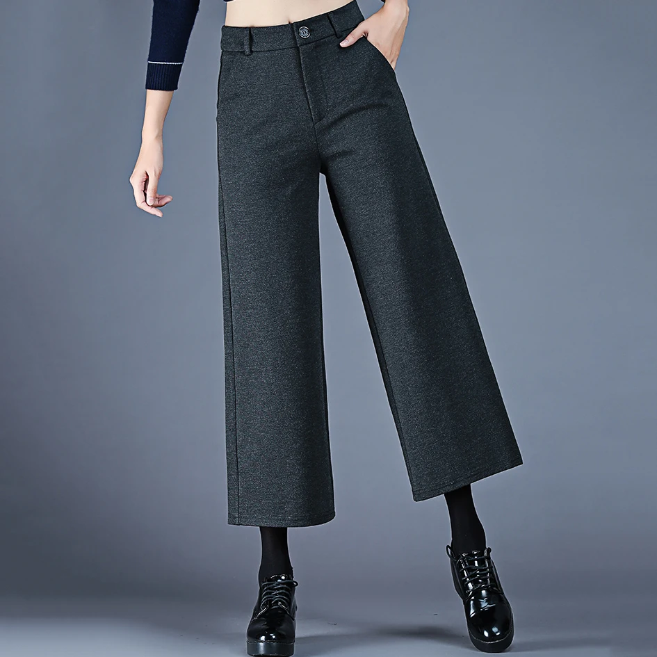 Black Straight Trousers Casual Pants For Women Crop Pants Wide Leg ...