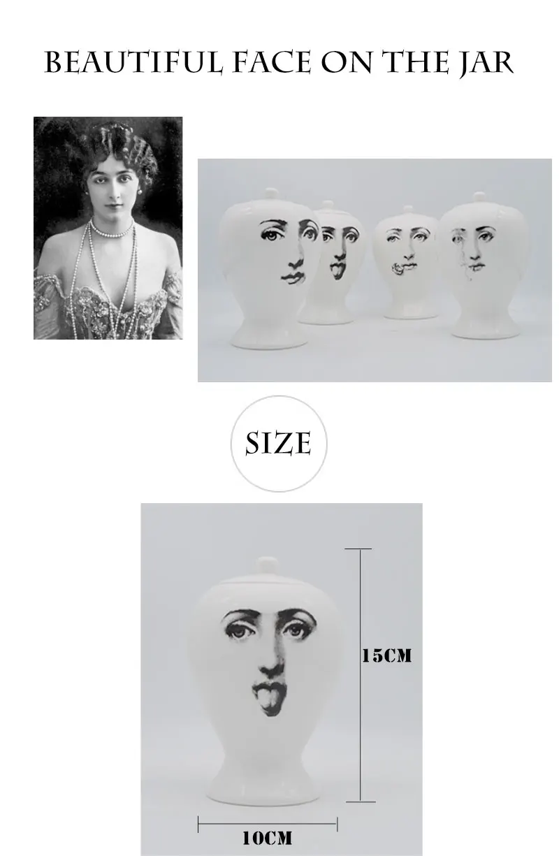 Fornasetti جرة السيراميك مجردة الوجه نمط زجاجة الحلوى تخزين وعاء مع غطاء المنزل صندوق مزخرف الشاي قنابل موزع Fornasetti جرة السيراميك مجردة الوجه نمط زجاجة الحلوى تخزين وعاء مع غطاء المنزل صندوق مزخرف الشاي قنابل موزع