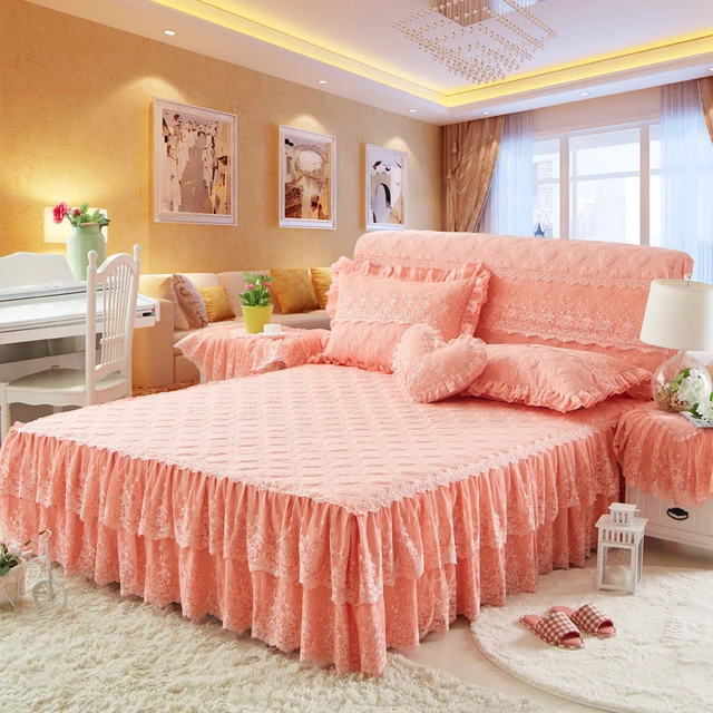 Us 78 98 35 Off 4pcs Cotton Lace Girls Princess Bedding Sets Blue Pink Beige Bed Skirts Set King Queen Full Size Spread Pillowcases In