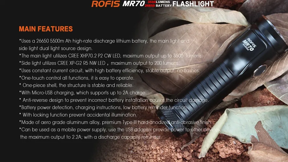 ROFIS MR70 светодиодный светильник-вспышка CREE XHP 70,2 CW нейтральный белый 3500 люменов светильник-вспышка с USB перезаряжаемым аккумулятором 26650