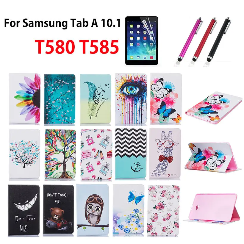 Модный чехол с рисунком для samsung Galaxy Tab A, A6, 10,1,, T580, T585, T580N, чехол, подставка для планшета, кожаный чехол+ стилус+ пленка