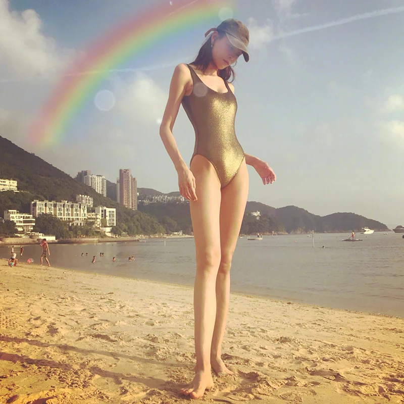 

New Brand Sum. Women Sexy Gold One Pieces Swimwear Hot Sport Girl Body Suit Beach Wear Swimsuit Students Cute Pool Bthing Suit