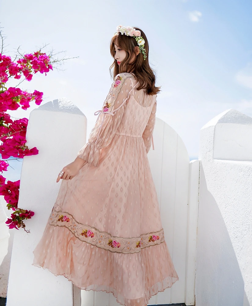 Магазин Джессики весеннее женское винтажное милое кружевное повседневное свободное розовое длинное платье до середины икры vestidos verano vadim